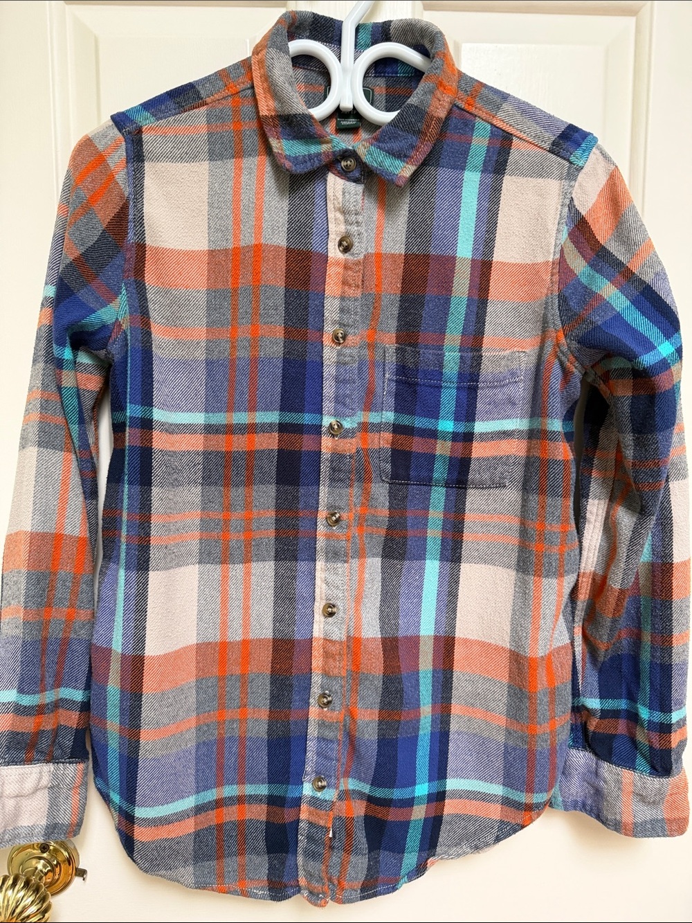 Roots sz XS 100% Cotton Flannel Plaid Button down shirt oranges aqua pple